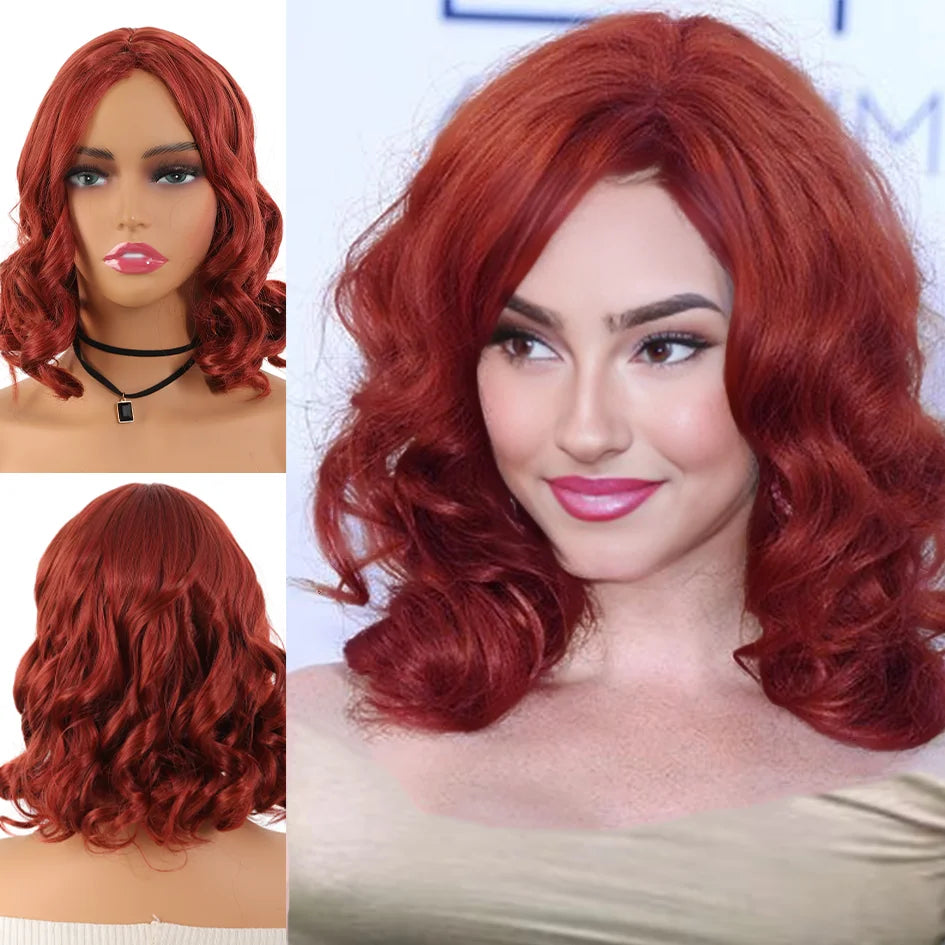Red wig - Women's shoulder-length wig 12 "6.66oz large undulating synthetic mid-curl hair, daily Cosplay music festival